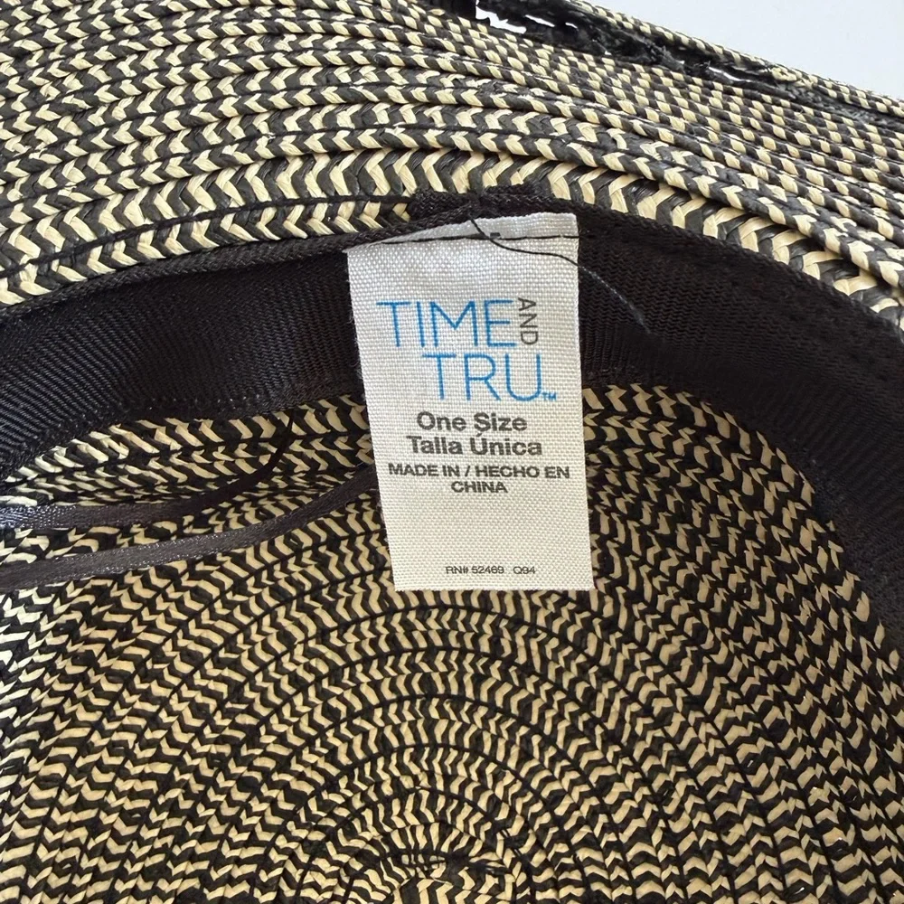Time and Tru Large Wide Brim Black Natural Braided Straw Sun Hat Floppy Women